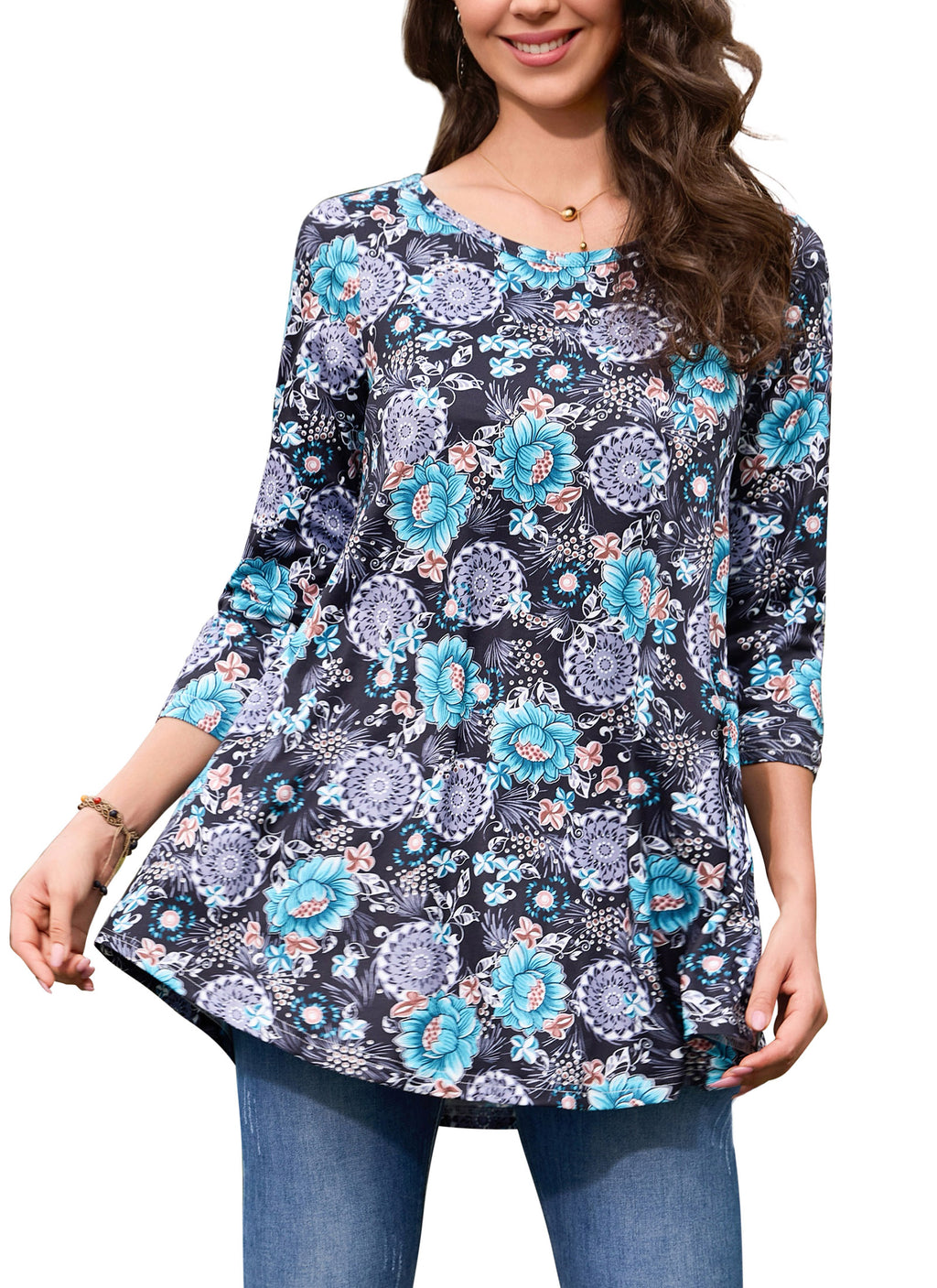 Tunic Tops for Women Plus Size 3/4 Sleeve Crew Neck Swing Flare Loose T-Shirt Blouses to Wear with Leggings