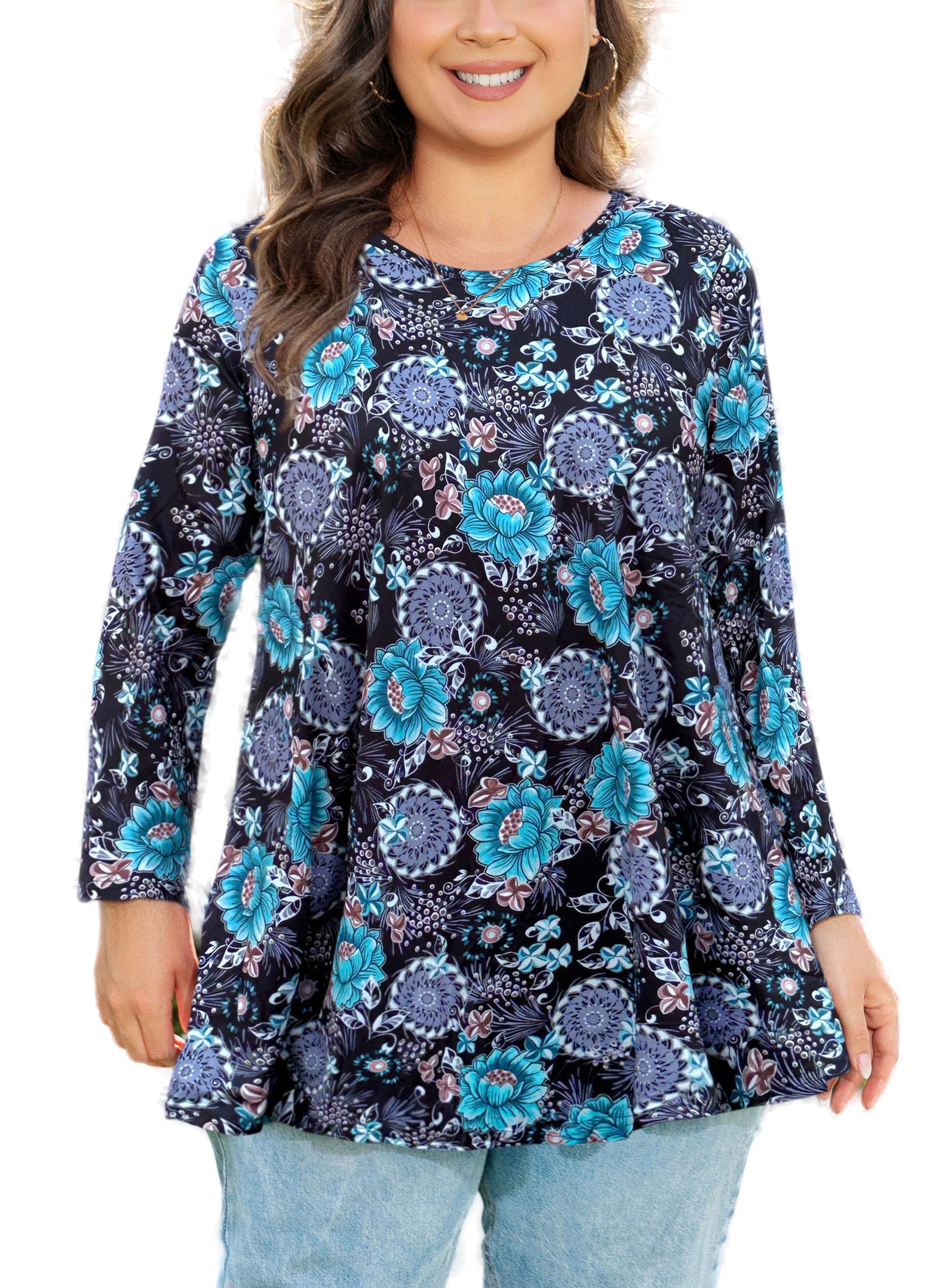 Tunic Tops for Women Plus Size 3/4 Sleeve Crew Neck Swing Flare Loose T-Shirt Blouses to Wear with Leggings