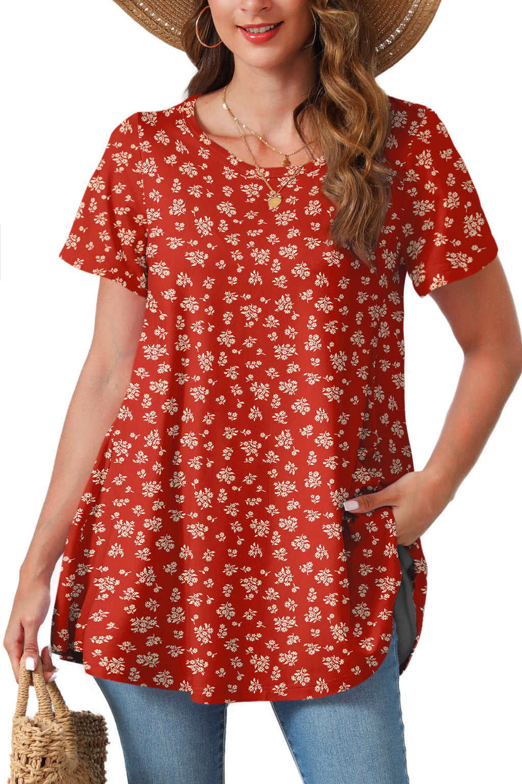 Tunic Tops for Women Plus Size Short Sleeve Crew Neck Swing Flare Loose T-Shirt Blouses to Wear with Leggings