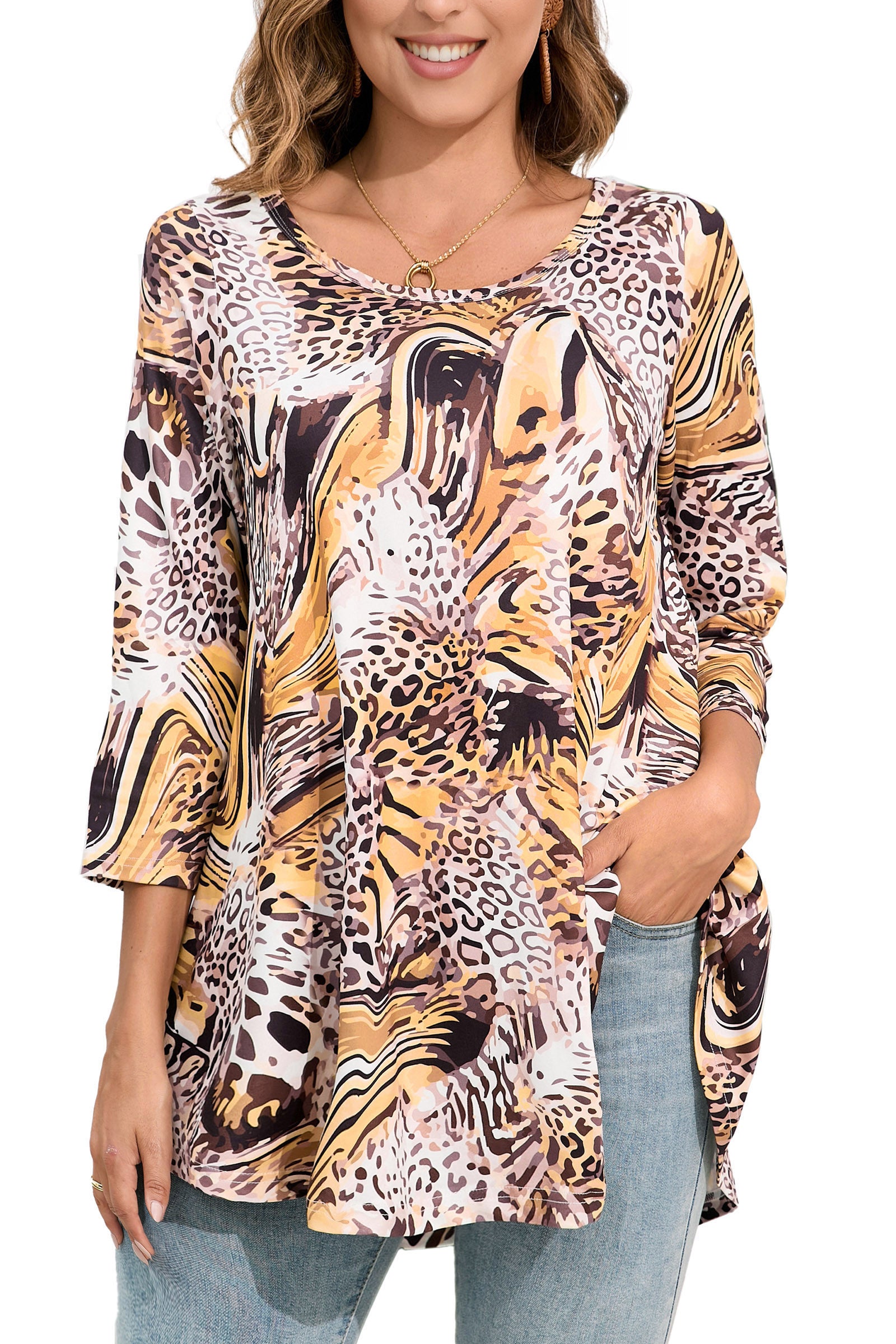 Tunic Tops for Women Plus Size 3/4 Sleeve Crew Neck Swing Flare Loose T-Shirt Blouses to Wear with Leggings