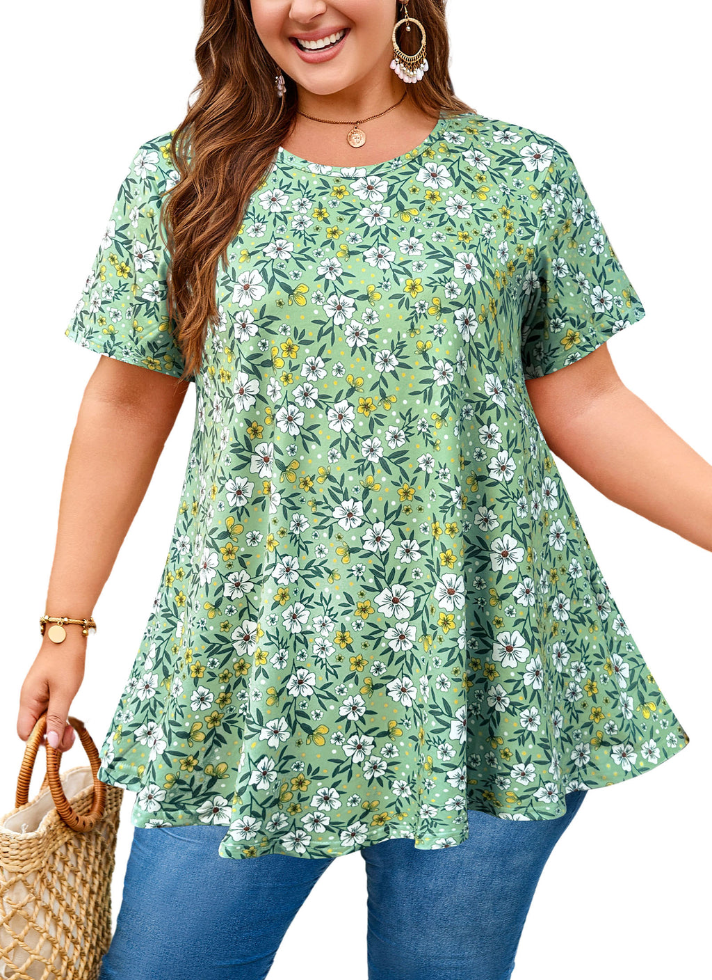 Womens Plus Size Tops Short Sleeve Swing Flare Flowy Tunic Loose Fit Summer Casual Blouses to Wear with Leggings