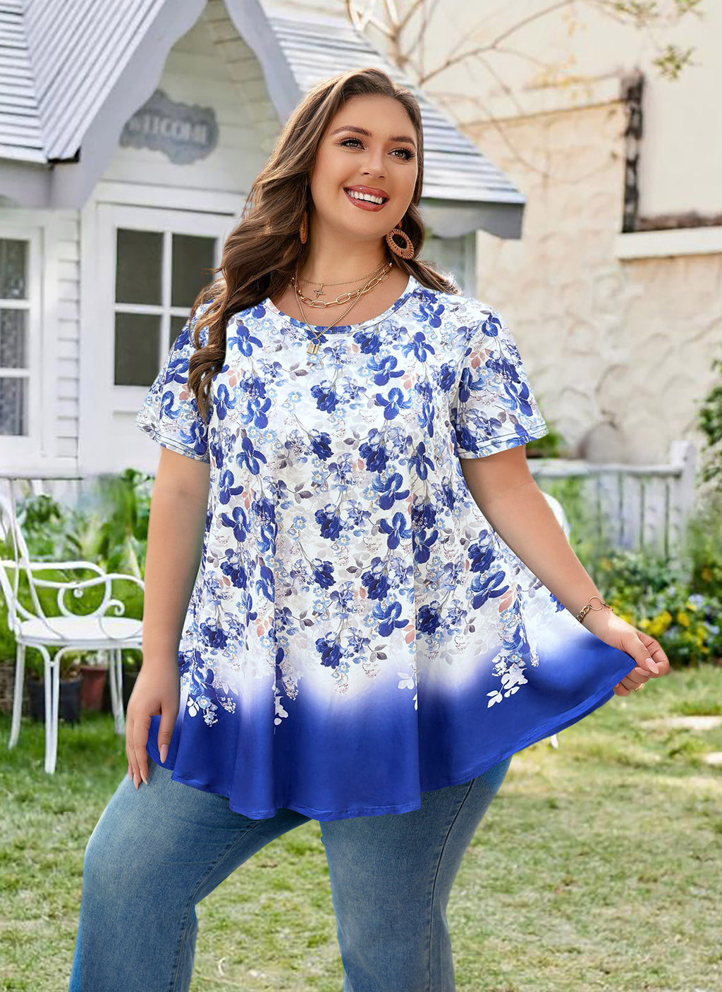 Tunic Tops for Women Plus Size Short Sleeve Crew Neck Swing Flare Loose T-Shirt Blouses to Wear with Leggings