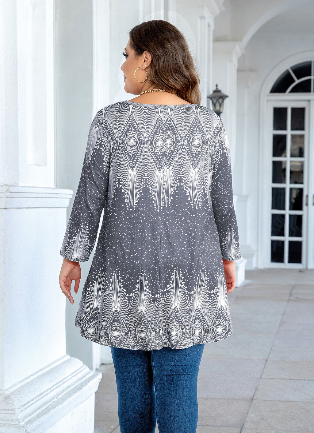 Tunic Tops for Women Plus Size 3/4 Sleeve Crew Neck Swing Flare Loose T-Shirt Blouses to Wear with Leggings