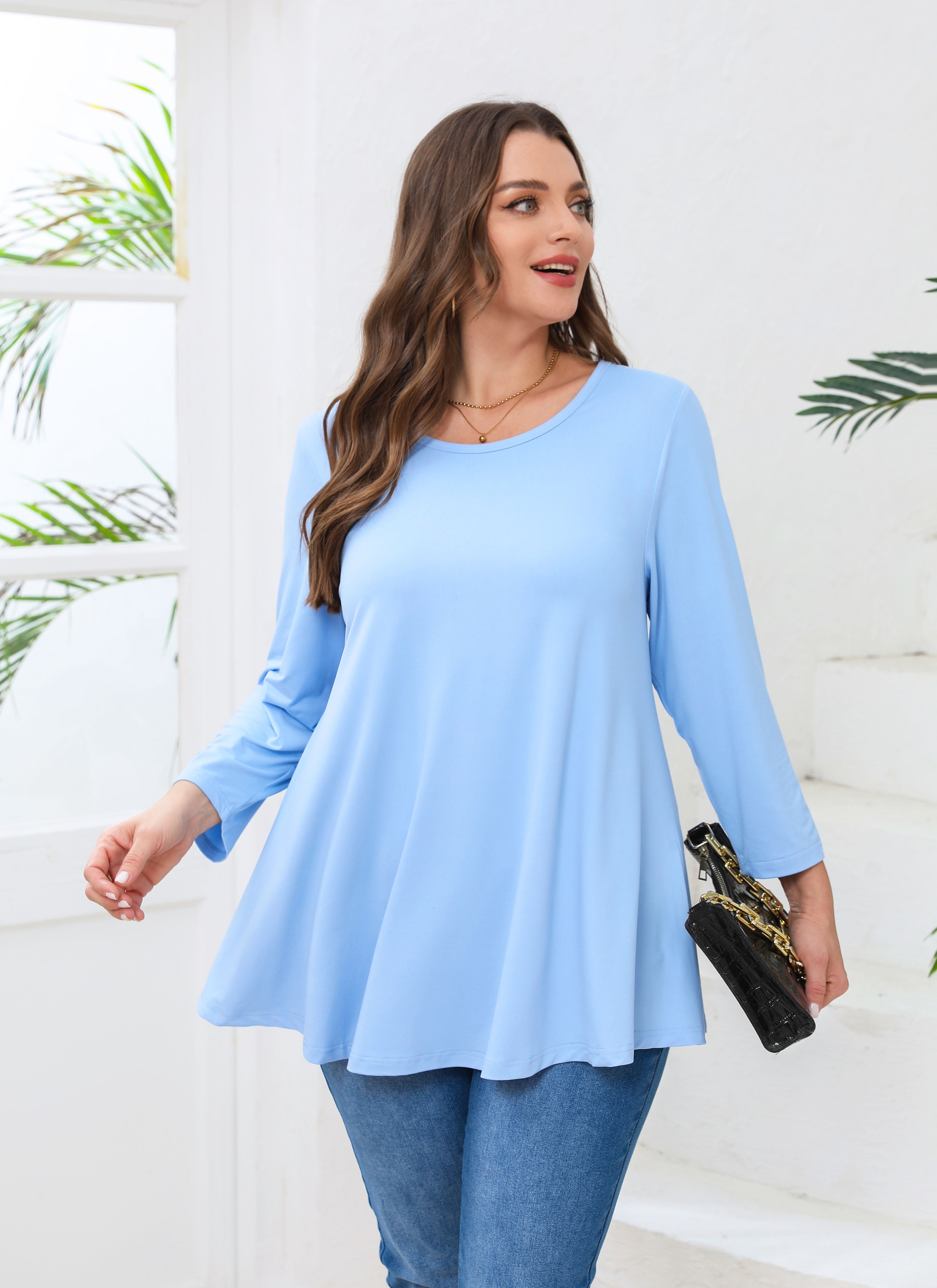 Womens Tunic Tops 3/4 Sleeve Plus Size Crew Neck Swing Flare Loose Fit T-Shirt Blouses to Wear with Leggings