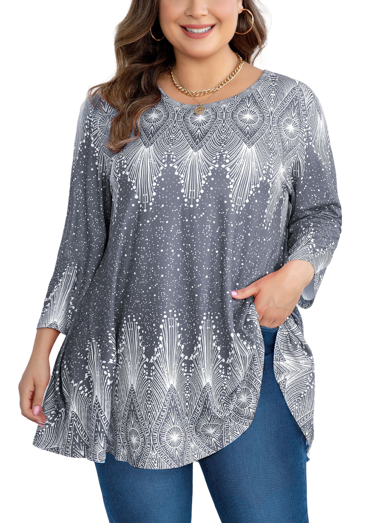 Tunic Tops for Women Plus Size 3/4 Sleeve Crew Neck Swing Flare Loose T-Shirt Blouses to Wear with Leggings