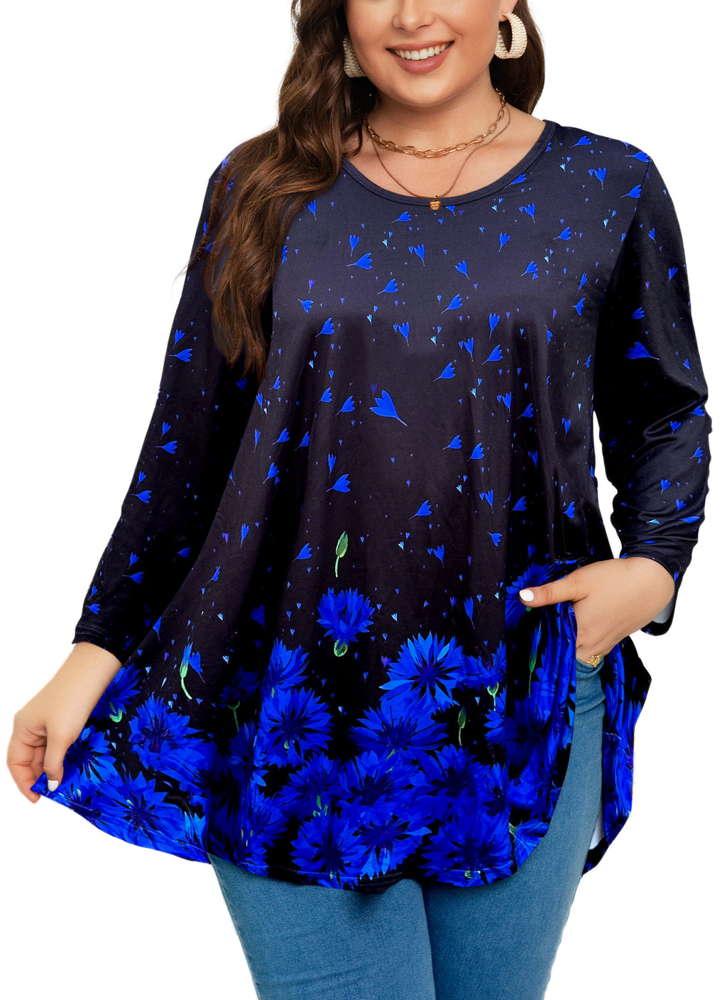 Womens Tunic 3/4 Sleeve Plus Size Tops Crew Neck Swing Flowy Loose Fit T-Shirt Blouses to Wear with Leggings