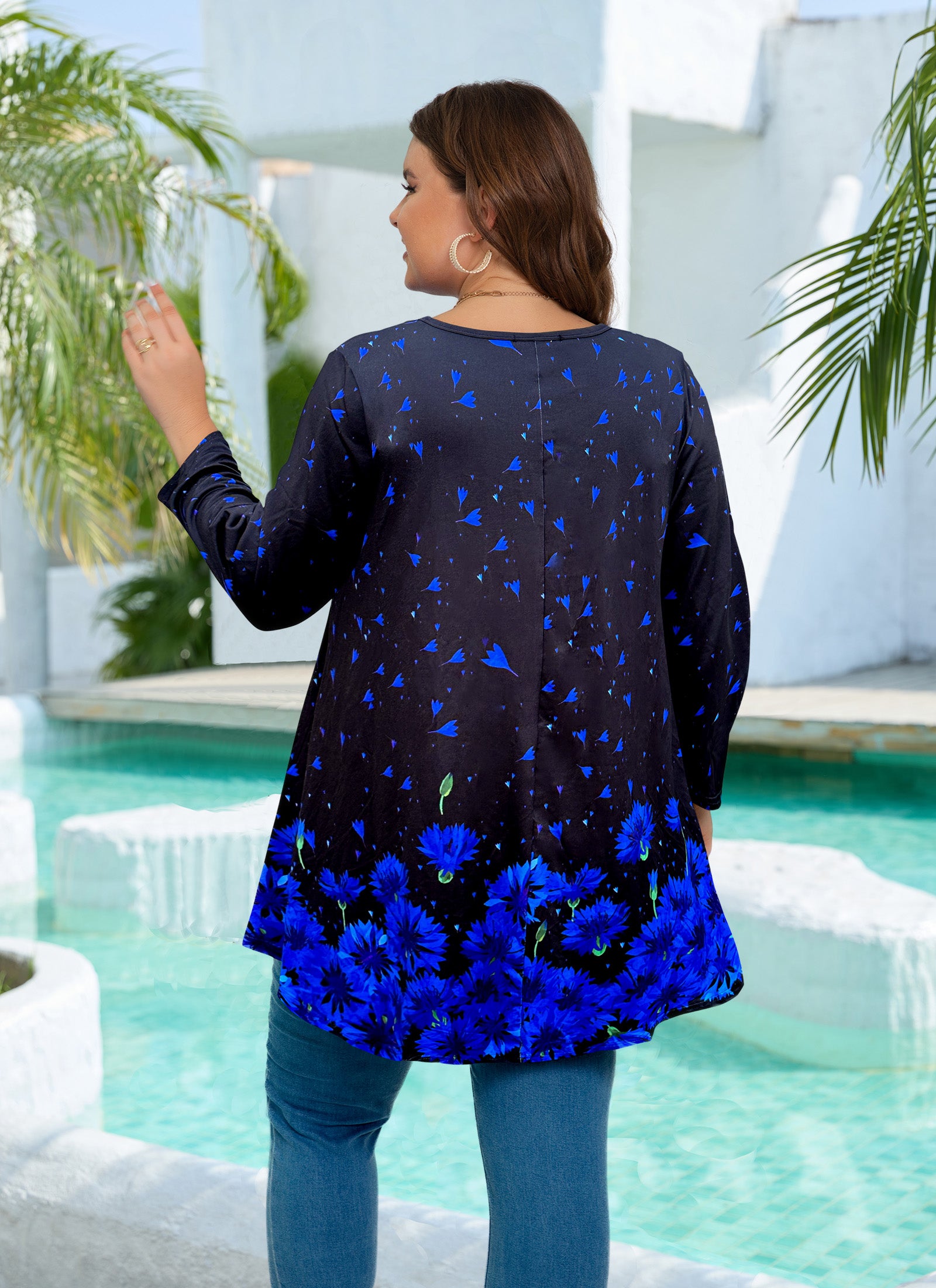 Womens Tunic 3/4 Sleeve Plus Size Tops Crew Neck Swing Flowy Loose Fit T-Shirt Blouses to Wear with Leggings