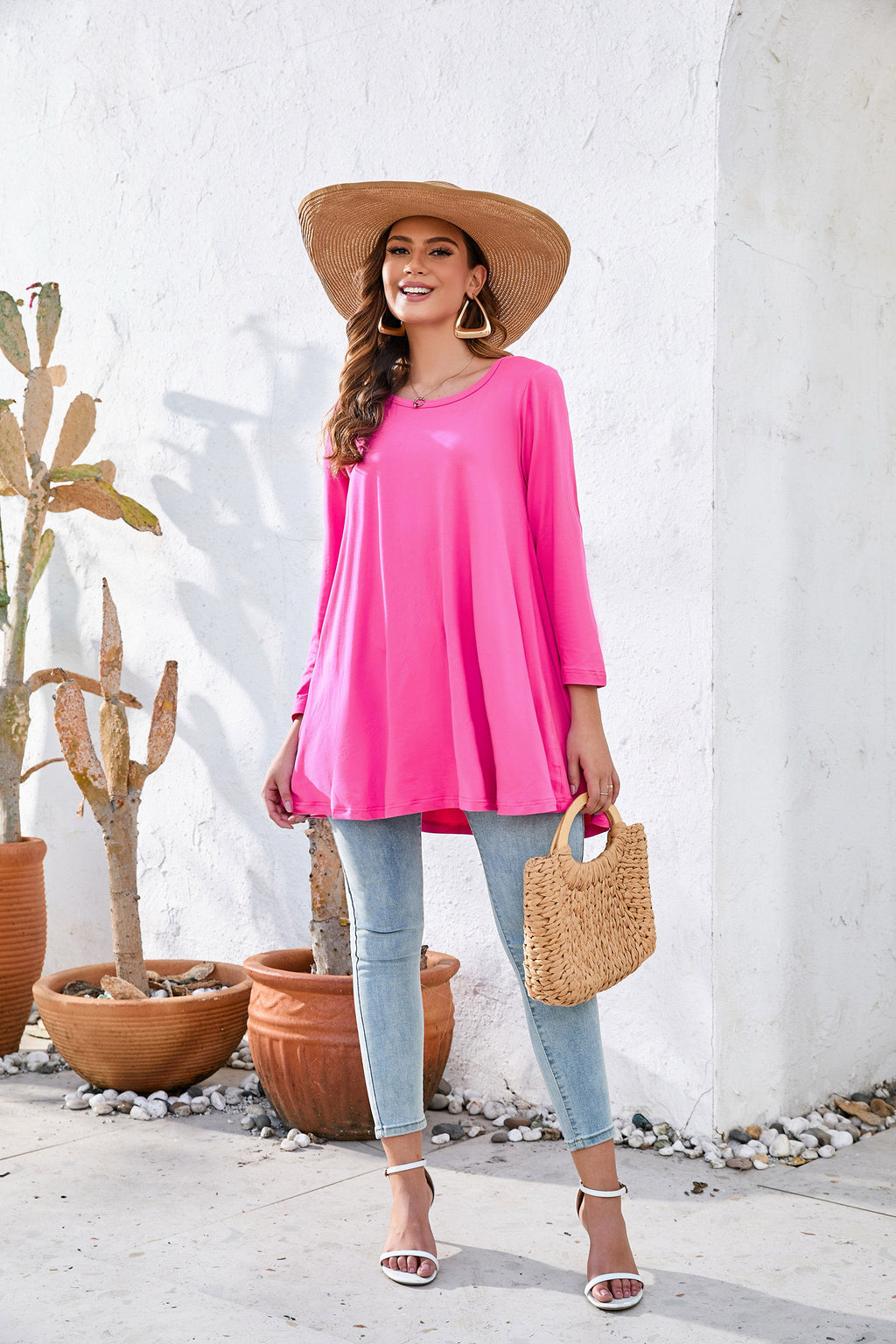 Tunic Tops for Women Plus Size 3/4 Sleeve Crew Neck Swing Flare Loose T-Shirt Blouses to Wear with Leggings