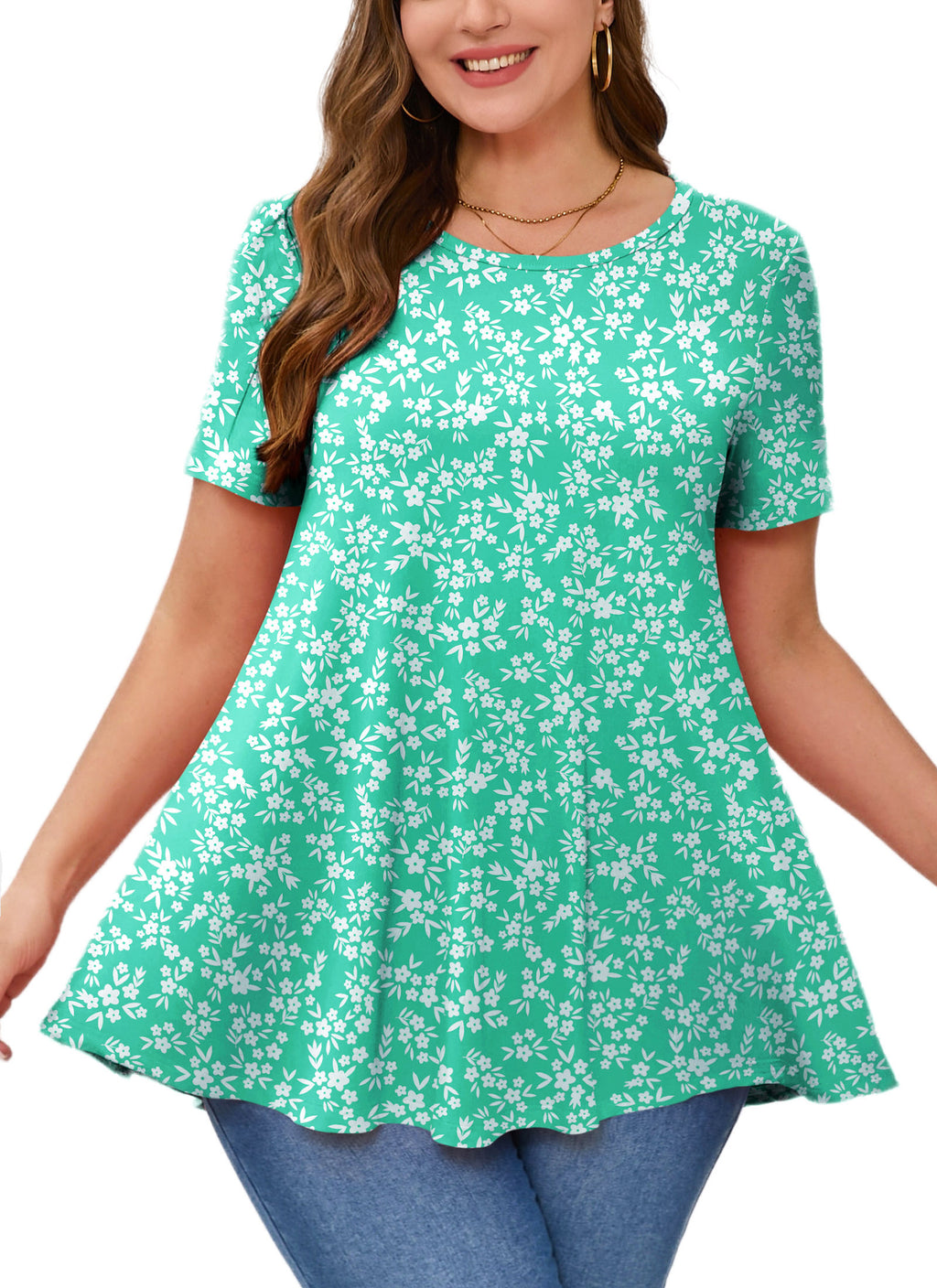 Tunic Tops for Women Plus Size Short Sleeve Crew Neck Swing Flare Loose T-Shirt Blouses to Wear with Leggings