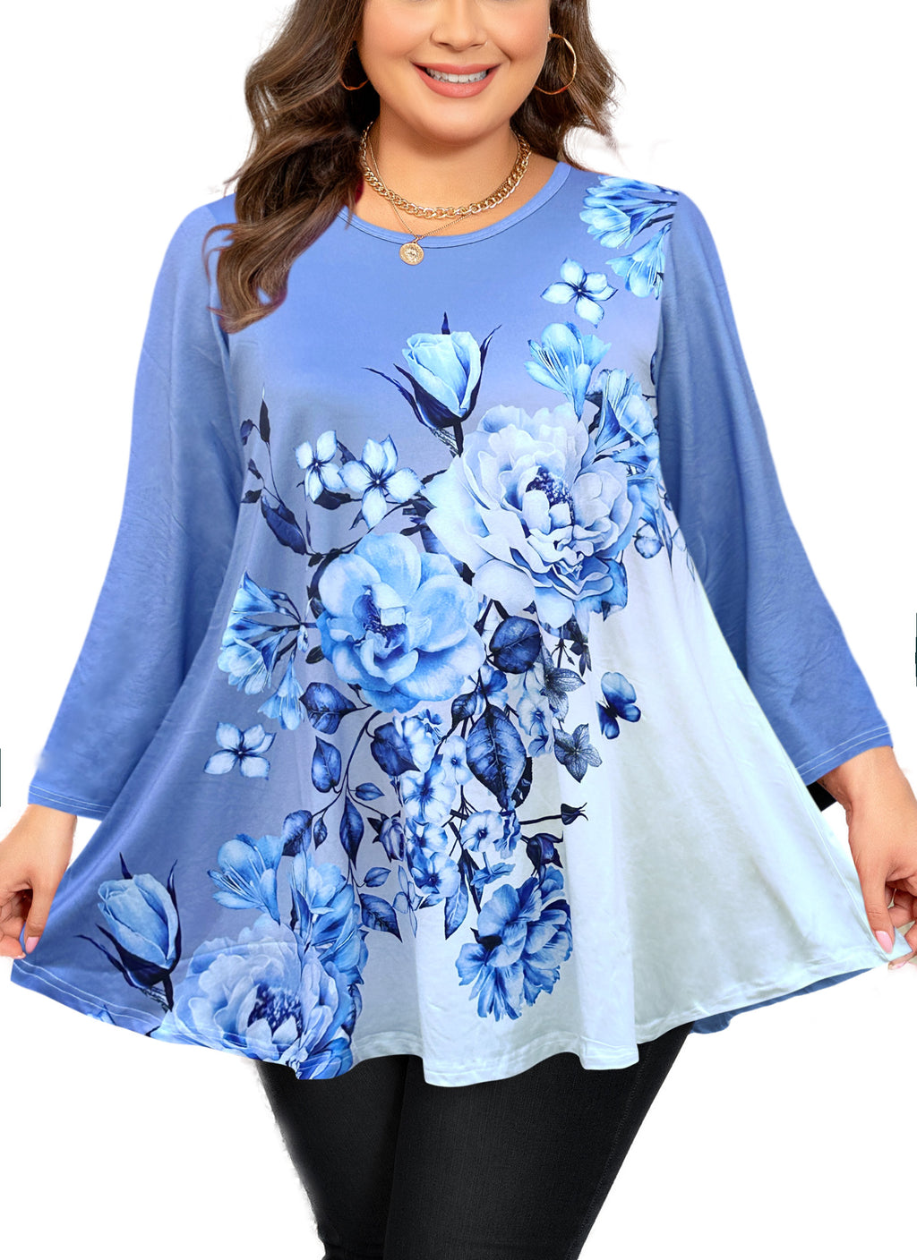 Womens Tunic 3/4 Sleeve Plus Size Tops Crew Neck Swing Flowy Loose Fit T-Shirt Blouses to Wear with Leggings