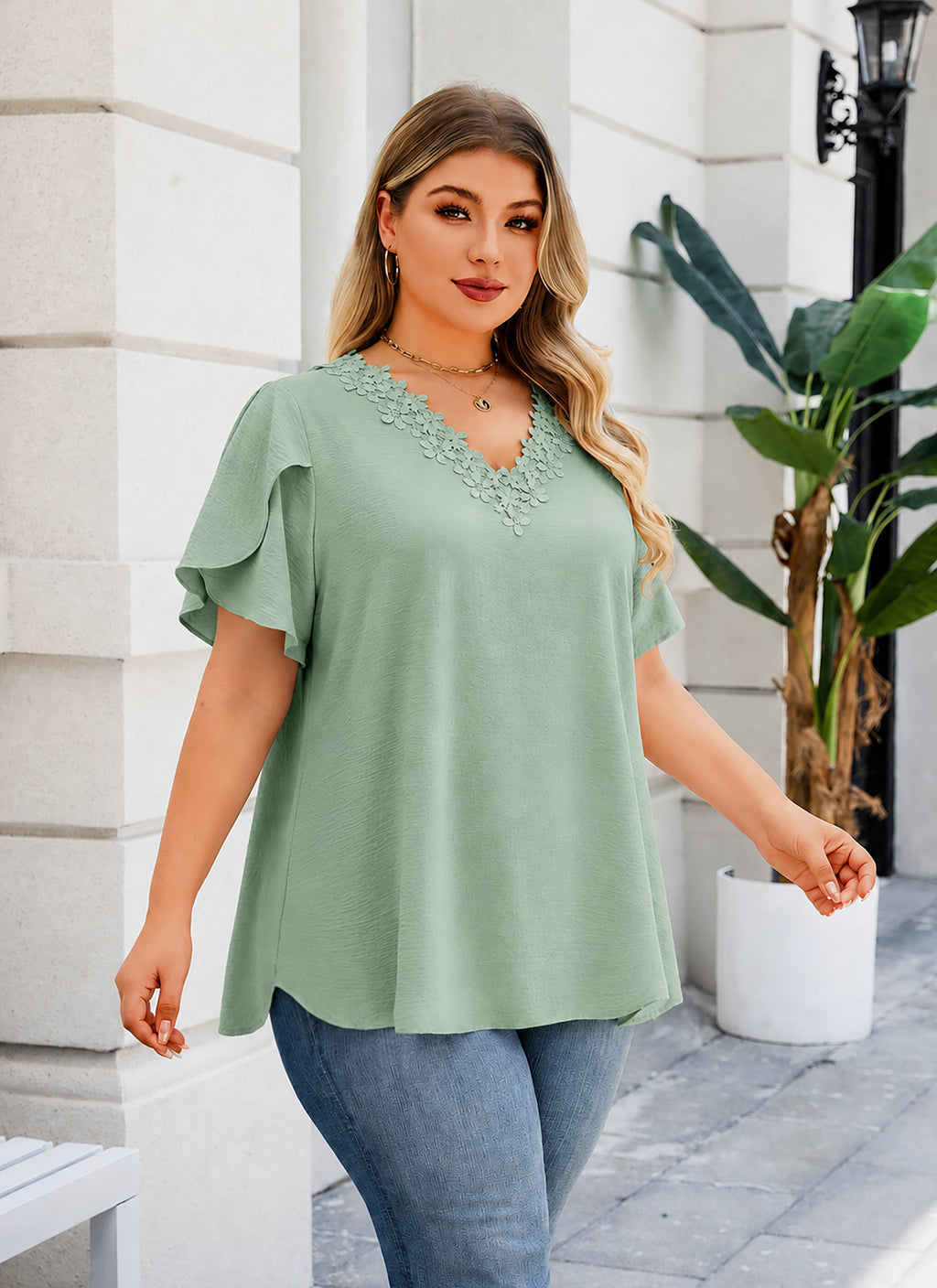 Plus Size Top V Neck Short Sleeve Blouses for Curvy Women Loose Fit Dressy Floral Trim Ladies Tunic