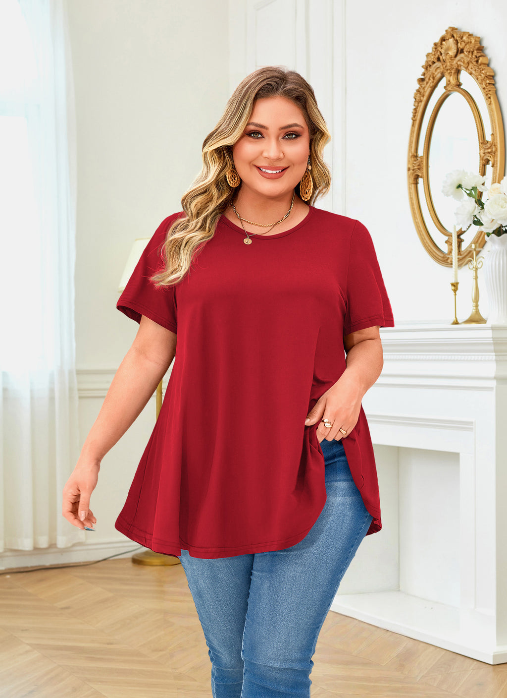 Tunic Tops for Women Plus Size Short Sleeve Crew Neck Swing Flare Loose T-Shirt Blouses to Wear with Leggings