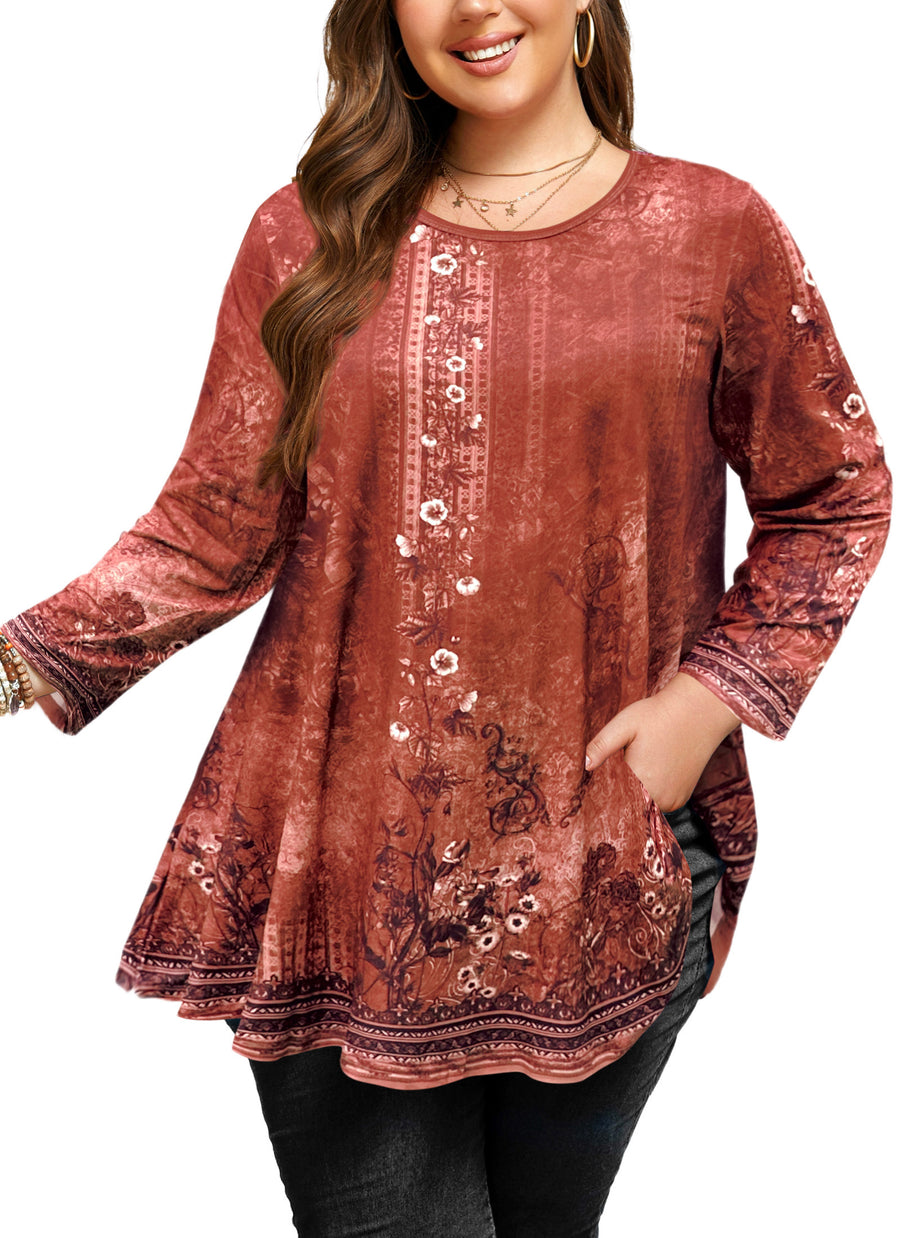 Tunic Tops for Women Plus Size 3/4 Sleeve Crew Neck Swing Flare Loose T-Shirt Blouses to Wear with Leggings