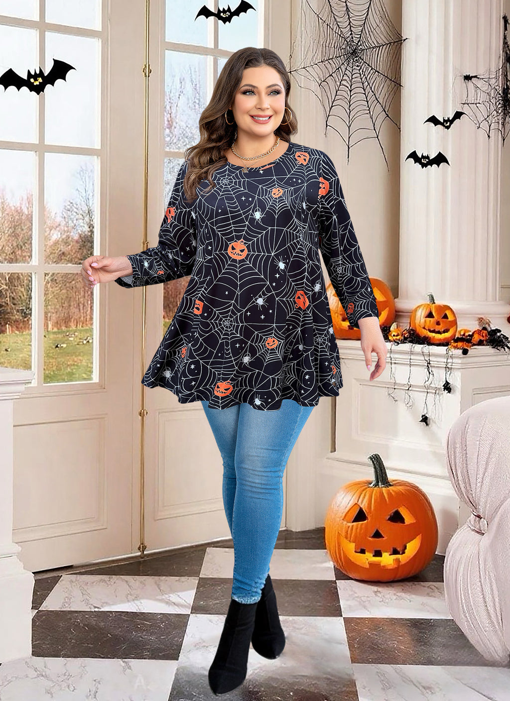 Womens Tunic 3/4 Sleeve Plus Size Tops Crew Neck Swing Flowy Loose Fit T-Shirt Blouses to Wear with Leggings