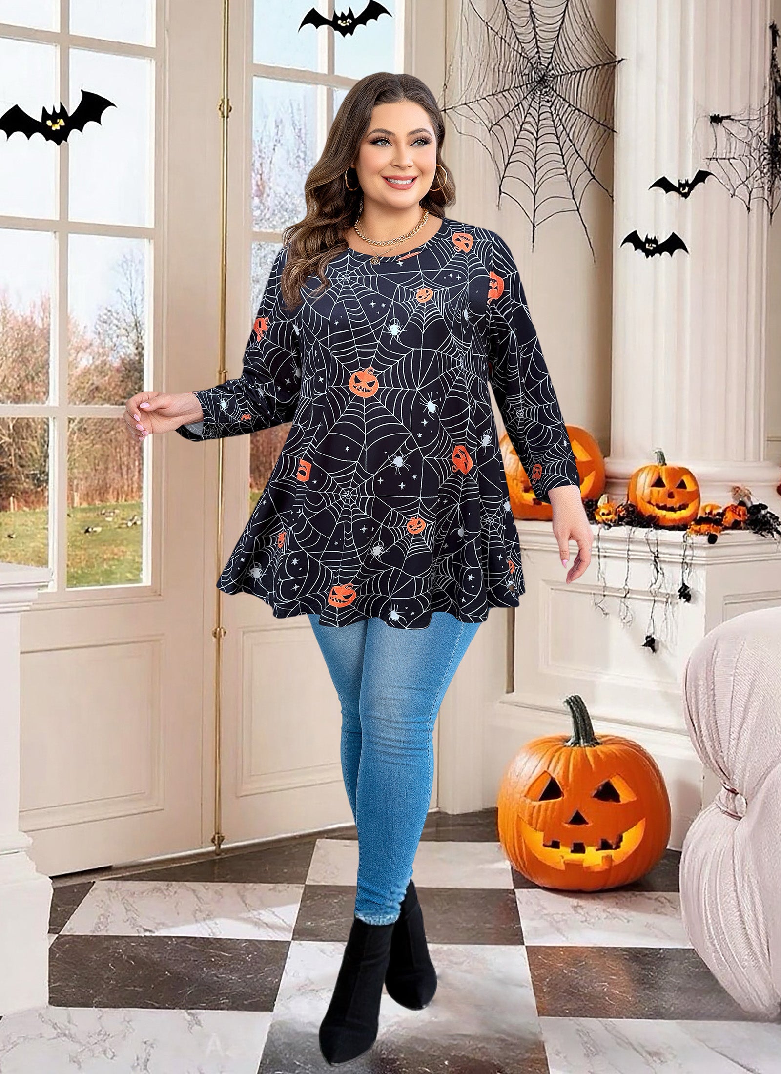 Womens Tunic 3/4 Sleeve Plus Size Tops Crew Neck Swing Flowy Loose Fit T-Shirt Blouses to Wear with Leggings