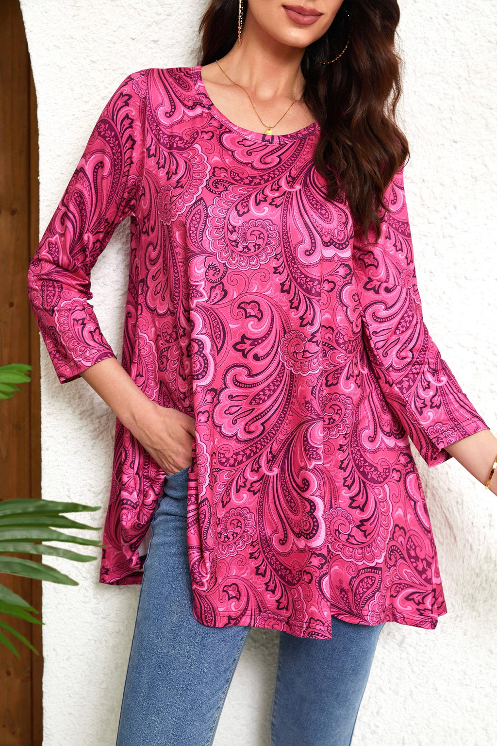 Tunic Tops for Women Plus Size 3/4 Sleeve Crew Neck Swing Flare Loose T-Shirt Blouses to Wear with Leggings