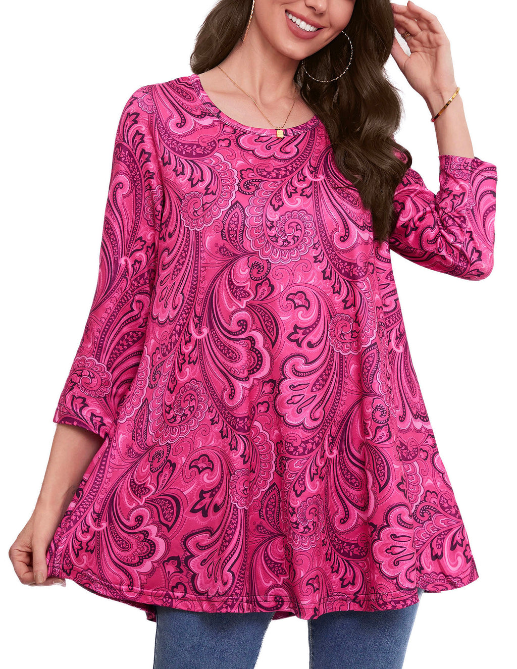 Tunic Tops for Women Plus Size 3/4 Sleeve Crew Neck Swing Flare Loose T-Shirt Blouses to Wear with Leggings