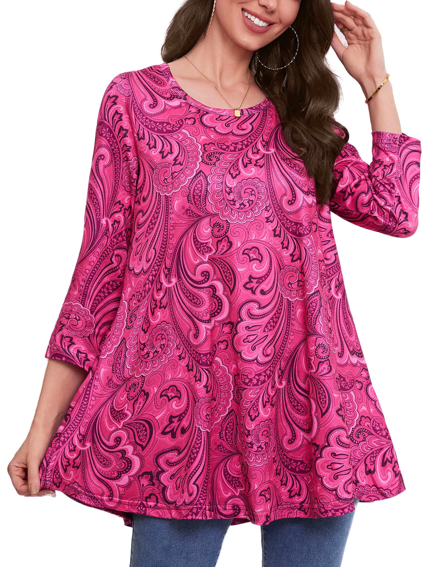 Tunic Tops for Women Plus Size 3/4 Sleeve Crew Neck Swing Flare Loose T-Shirt Blouses to Wear with Leggings
