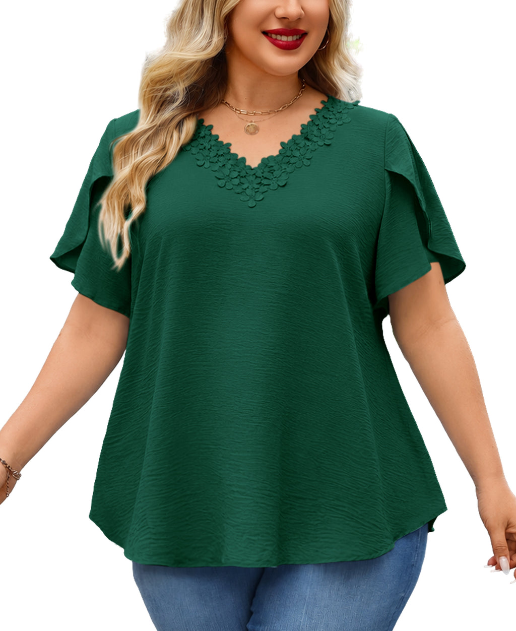 Women's V-Neck Floral Trim Blouse – Loose Fit Plus Size Top, Green