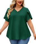 Women's V-Neck Floral Trim Blouse – Loose Fit Plus Size Top, Green