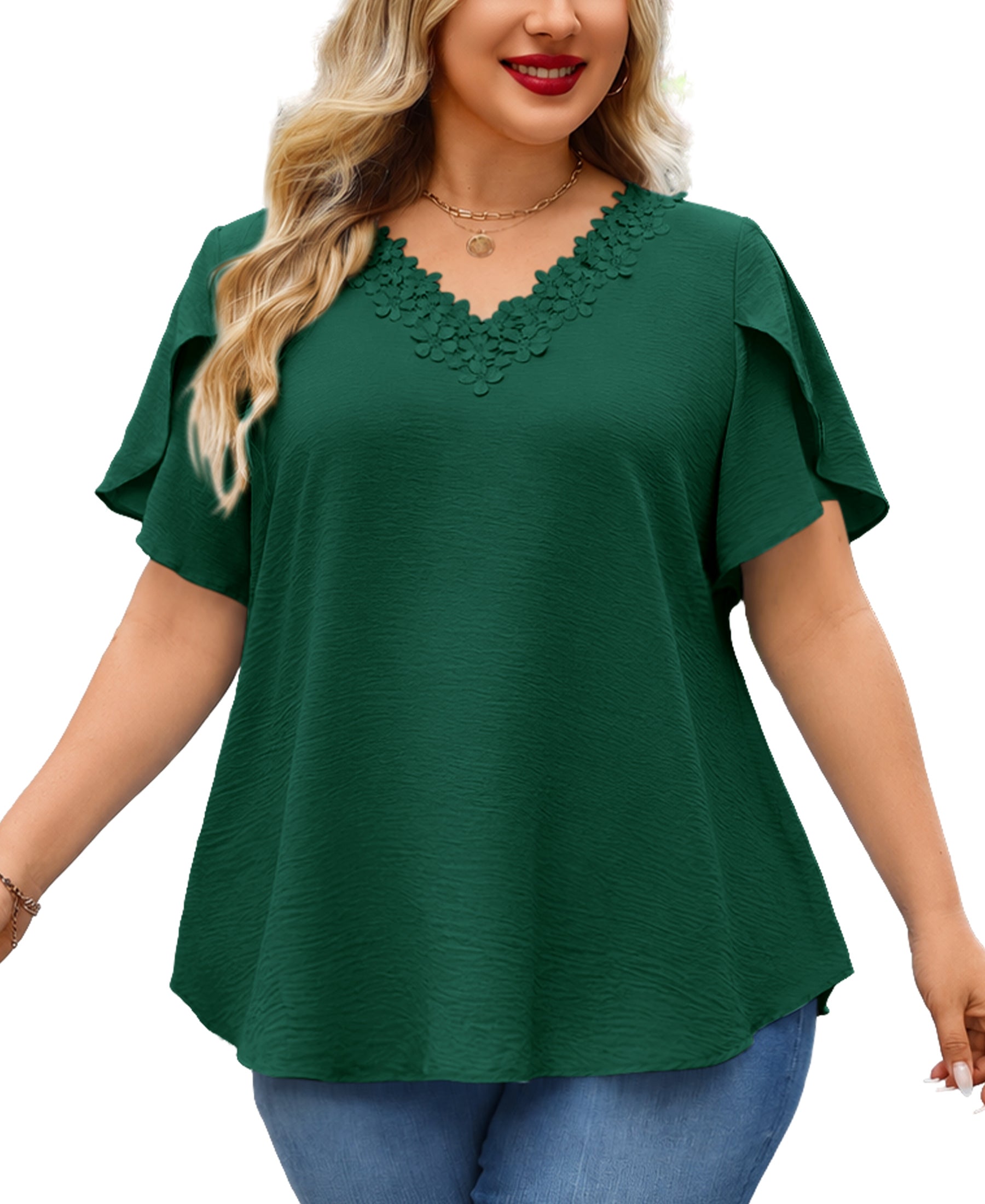 Women's V-Neck Floral Trim Blouse – Loose Fit Plus Size Top, Green