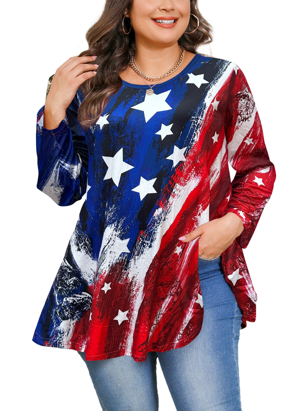 Womens Tunic 3/4 Sleeve Plus Size Tops Crew Neck Swing Flowy Loose Fit T-Shirt Blouses to Wear with Leggings
