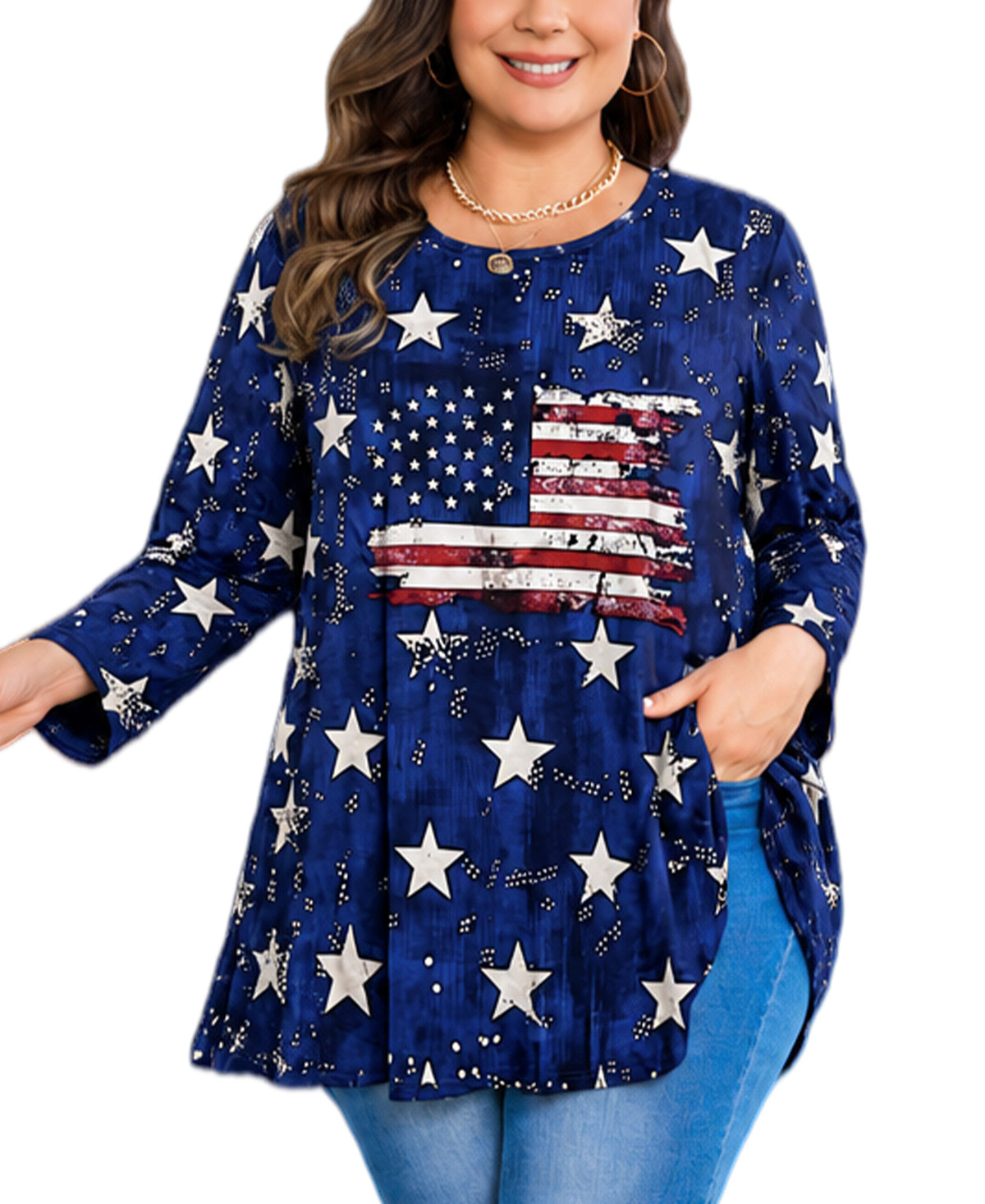 Women's Plus Size American Flag Swing Tunic Top | 3/4 Sleeve