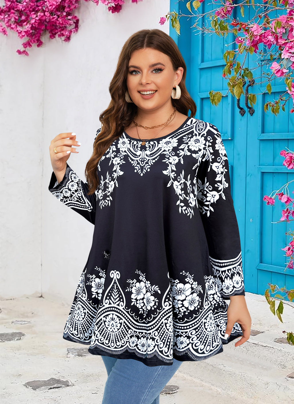 Womens Tunic Tops 3/4 Sleeve Plus Size Crew Neck Swing Flare Loose Fit T-Shirt Blouses to Wear with Leggings