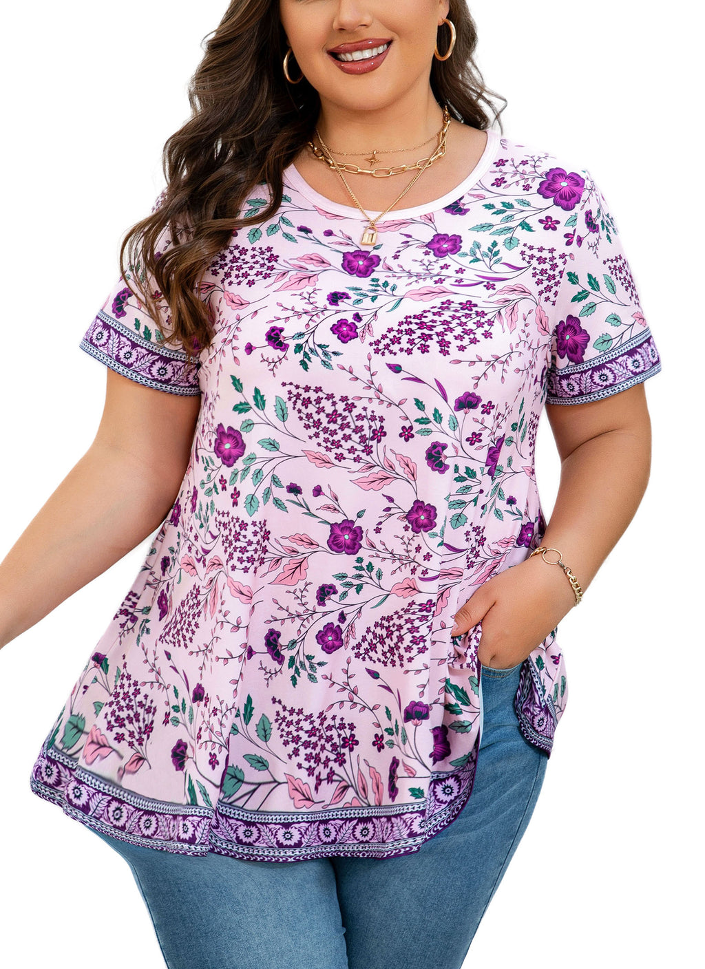 Tunic Tops for Women Plus Size Short Sleeve Crew Neck Swing Flare Loose T-Shirt Blouses to Wear with Leggings