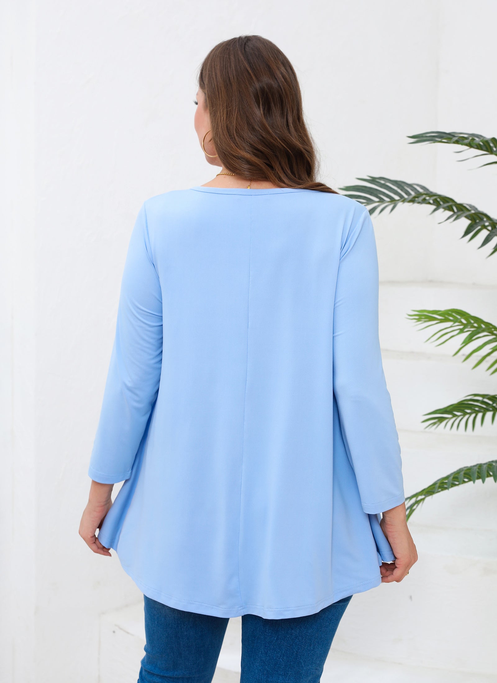 Womens Tunic Tops 3/4 Sleeve Plus Size Crew Neck Swing Flare Loose Fit T-Shirt Blouses to Wear with Leggings