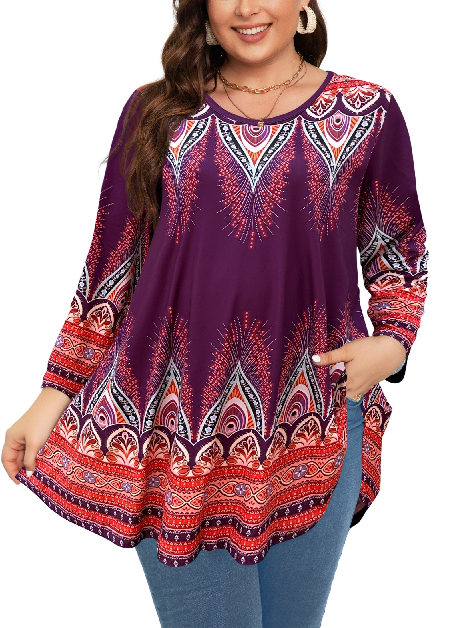 Womens Tunic 3/4 Sleeve Plus Size Tops Crew Neck Swing Flowy Loose Fit T-Shirt Blouses to Wear with Leggings