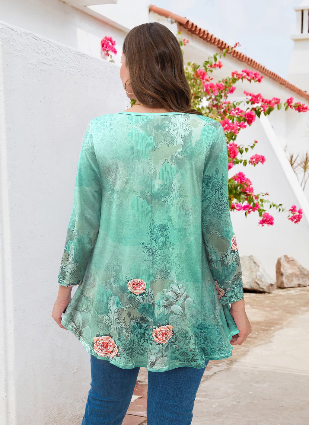 Womens Tunic Tops 3/4 Sleeve Plus Size Crew Neck Swing Flare Loose Fit T-Shirt Blouses to Wear with Leggings