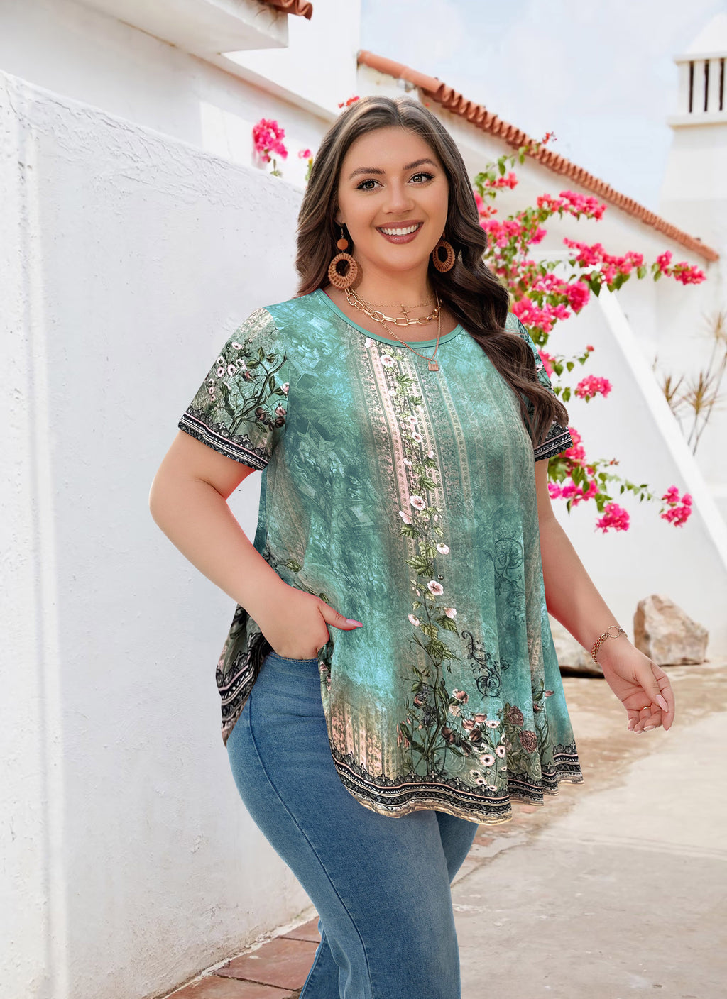Tunic Tops for Women Plus Size Short Sleeve Crew Neck Swing Flare Loose T-Shirt Blouses to Wear with Leggings