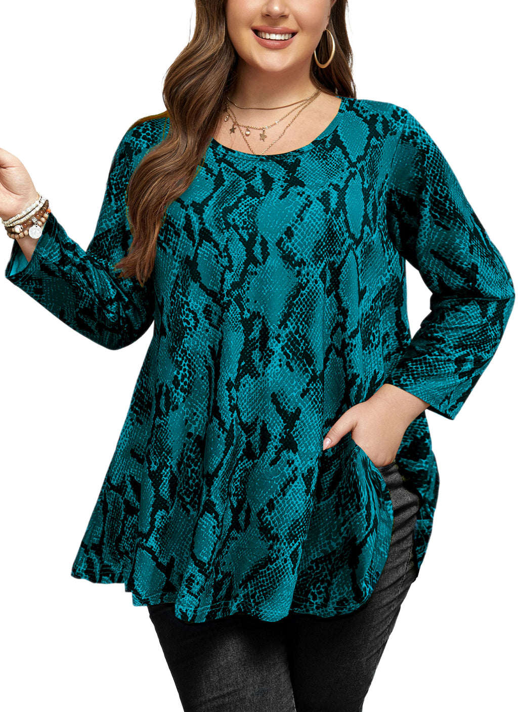 Tunic Tops for Women Plus Size 3/4 Sleeve Crew Neck Swing Flare Loose T-Shirt Blouses to Wear with Leggings