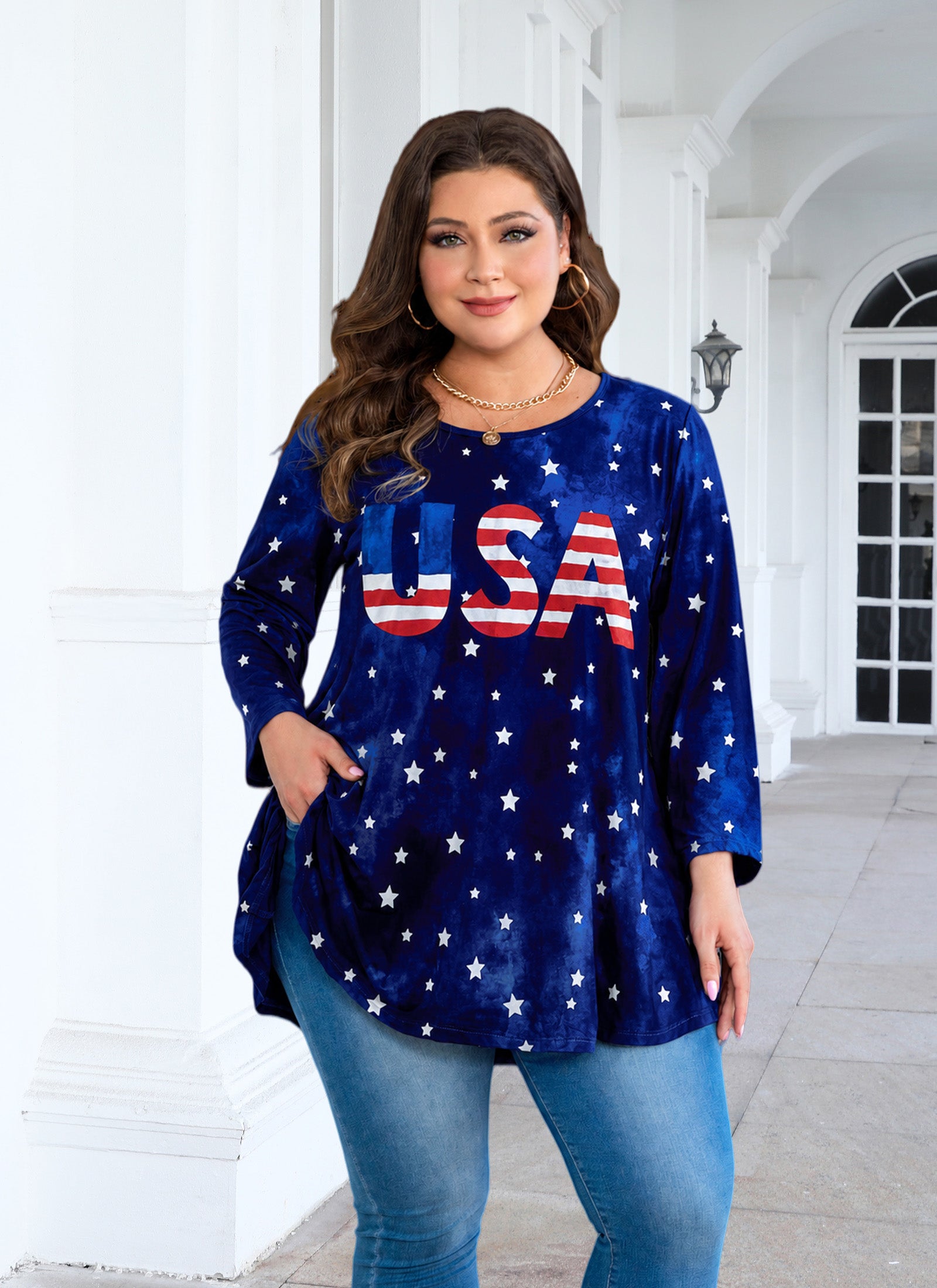 Womens Tunic Tops Plus Size 3/4 Sleeve Swing Flowy Blouses