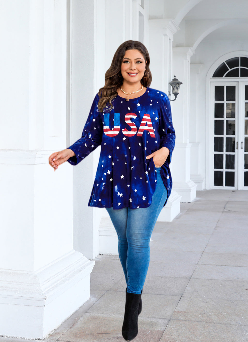 Womens Tunic Tops Plus Size 3/4 Sleeve Swing Flowy Blouses