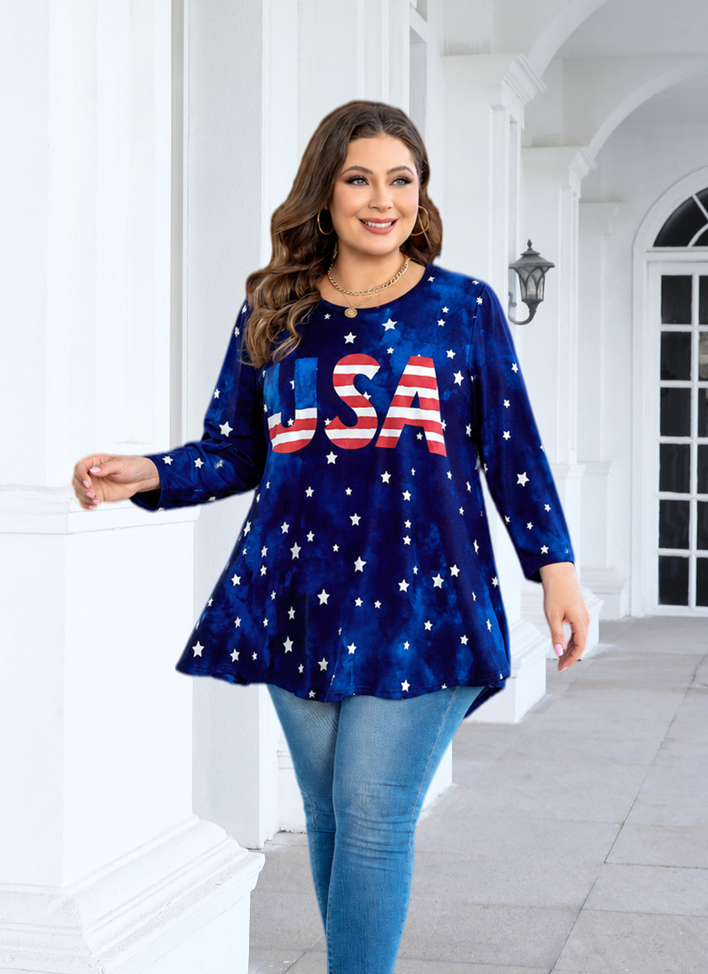 Womens Tunic Tops Plus Size 3/4 Sleeve Swing Flowy Blouses