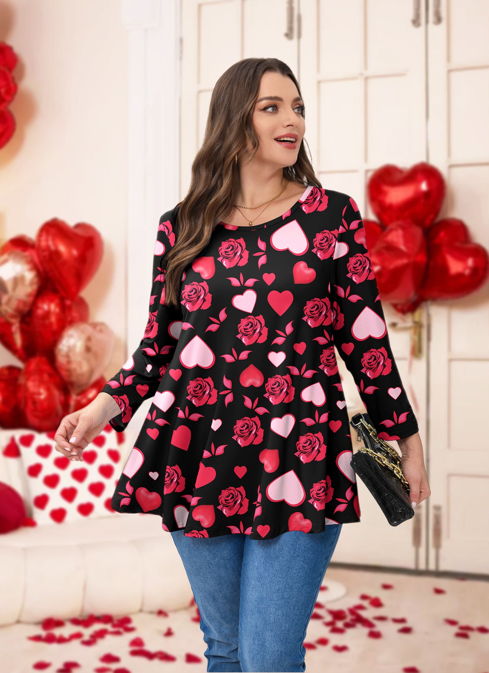 Womens Tunic Tops 3/4 Sleeve Plus Size Crew Neck Swing Flare Loose Fit T-Shirt Blouses to Wear with Leggings