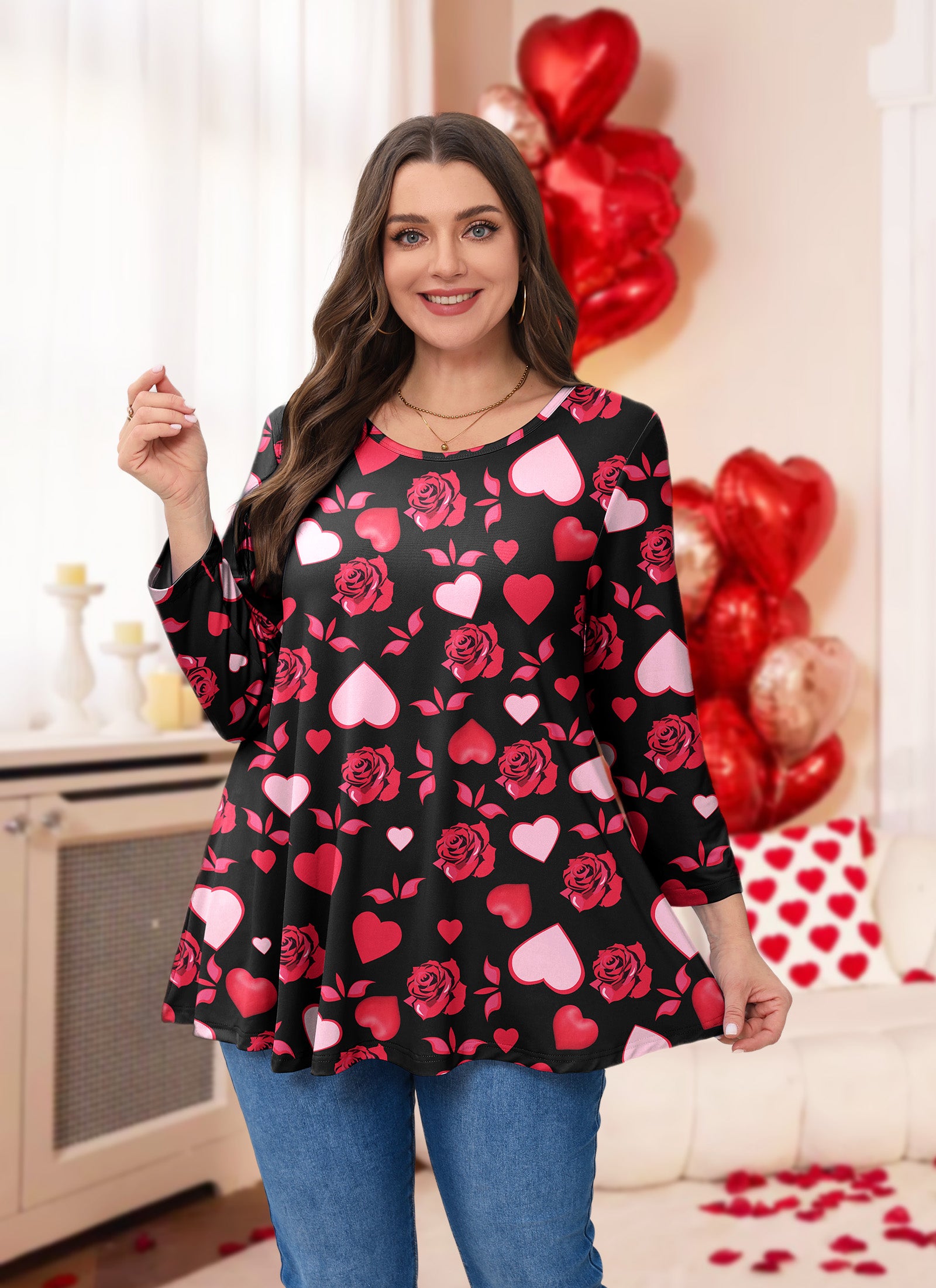 Womens Tunic Tops 3/4 Sleeve Plus Size Crew Neck Swing Flare Loose Fit T-Shirt Blouses to Wear with Leggings