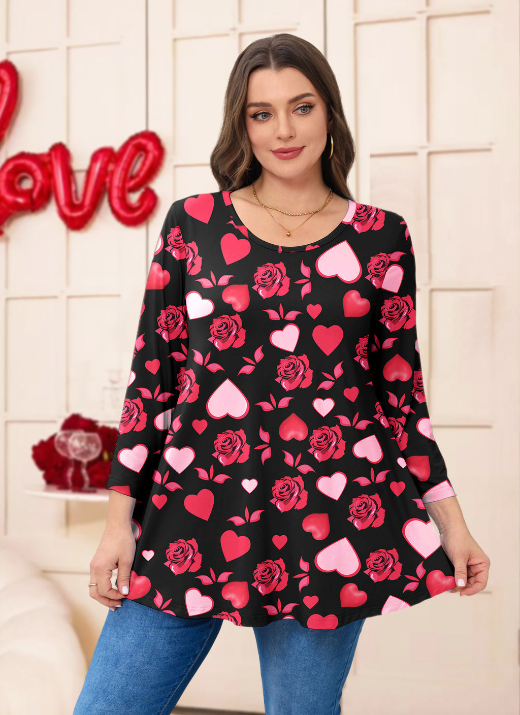 Womens Tunic Tops 3/4 Sleeve Plus Size Crew Neck Swing Flare Loose Fit T-Shirt Blouses to Wear with Leggings