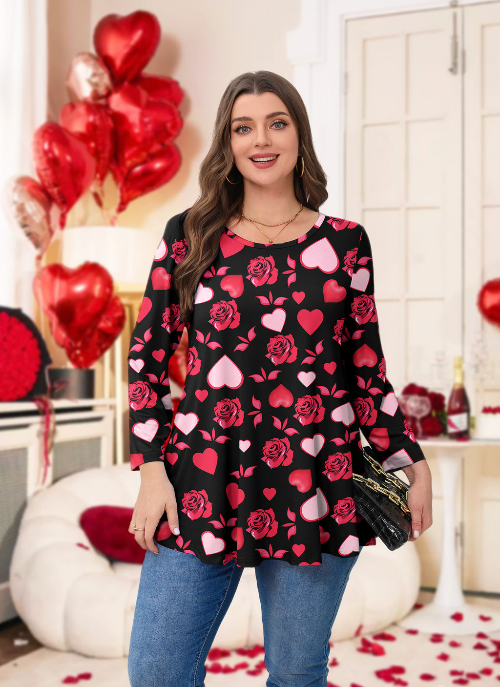 Womens Tunic Tops 3/4 Sleeve Plus Size Crew Neck Swing Flare Loose Fit T-Shirt Blouses to Wear with Leggings