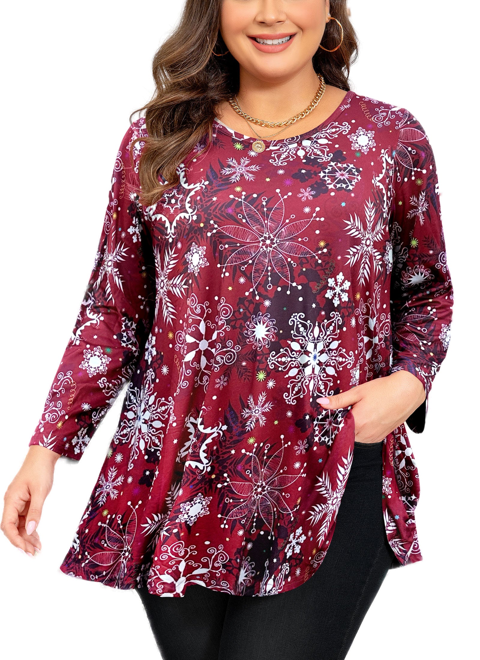 Womens Tunic Tops 3/4 Sleeve Plus Size Crew Neck Swing Flare Loose Fit T-Shirt Blouses to Wear with Leggings