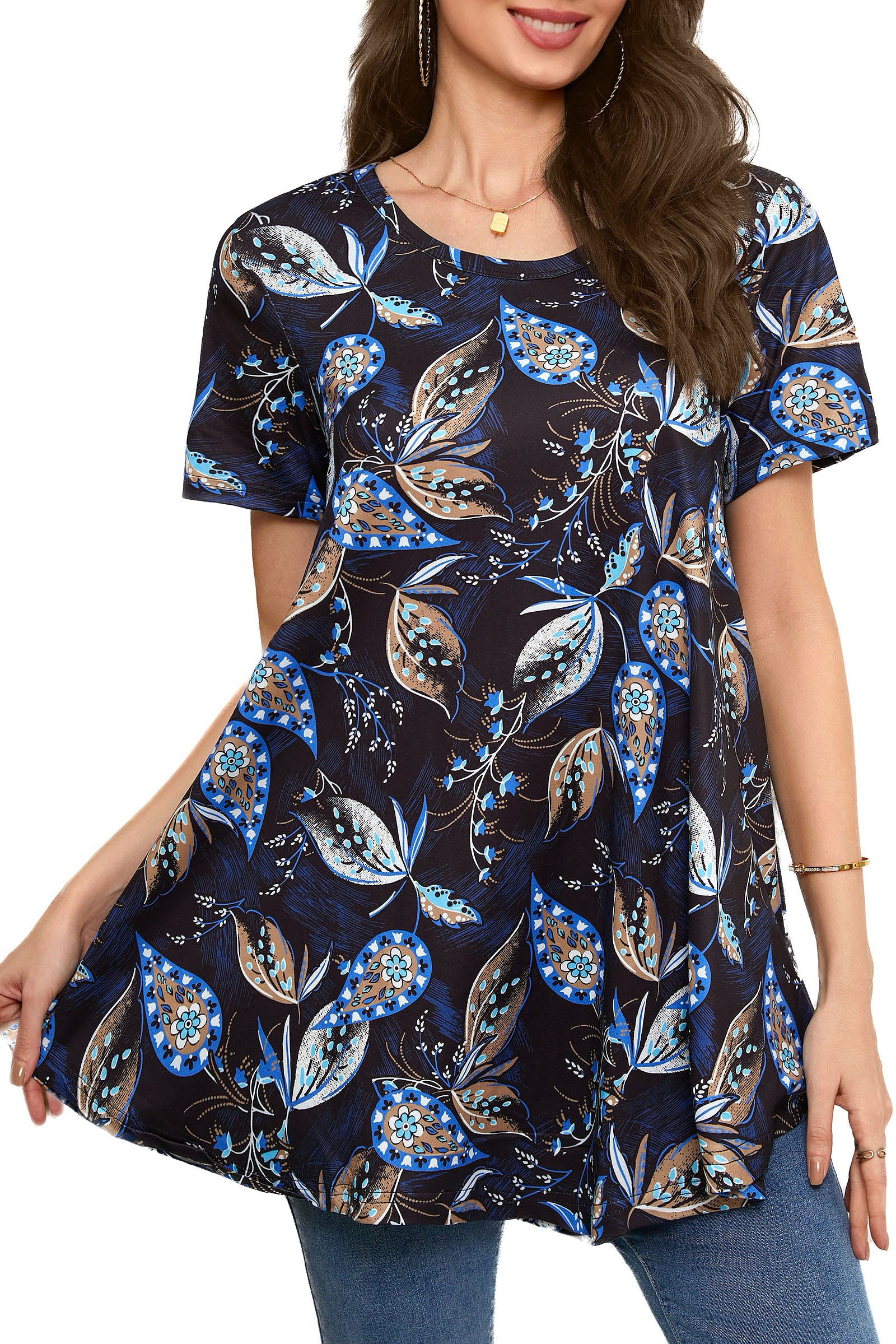 Tunic Tops for Women Plus Size Short Sleeve Crew Neck Swing Flare Loose T-Shirt Blouses to Wear with Leggings