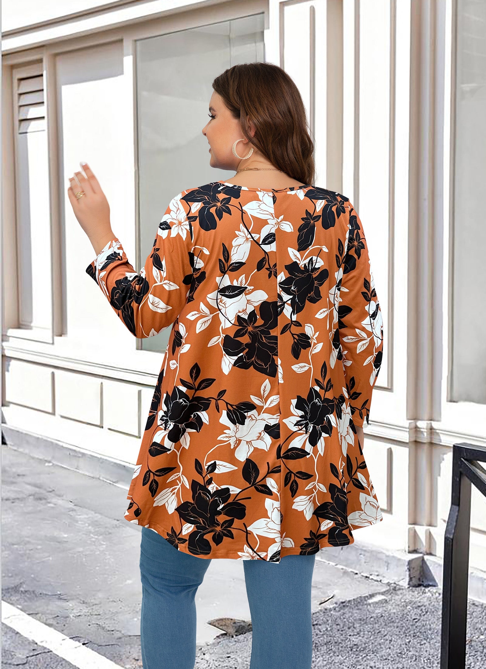 Womens Tunic 3/4 Sleeve Plus Size Tops Crew Neck Swing Flowy Loose Fit T-Shirt Blouses to Wear with Leggings