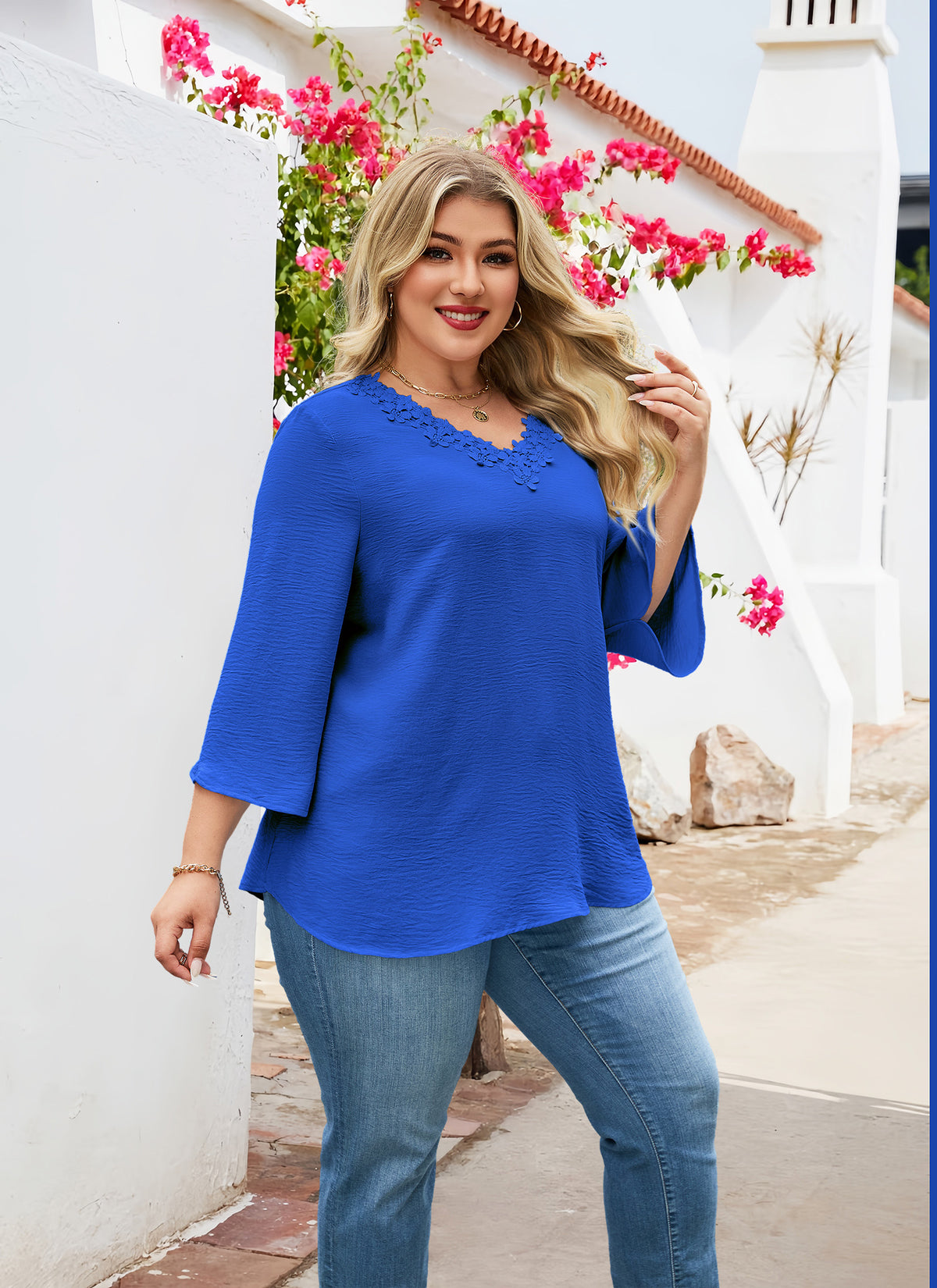 Womens Plus Size Blouses Dressy Casual 3/4 Sleeve Elegant V Neck Floral Trim Ladies Tunics Tops