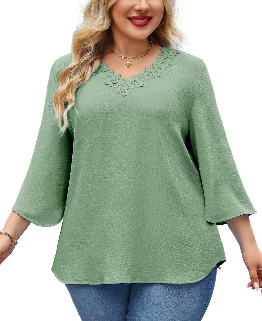 Womens Plus Size Blouses Dressy Casual 3/4 Sleeve Elegant V Neck Floral Trim Ladies Tunics Tops