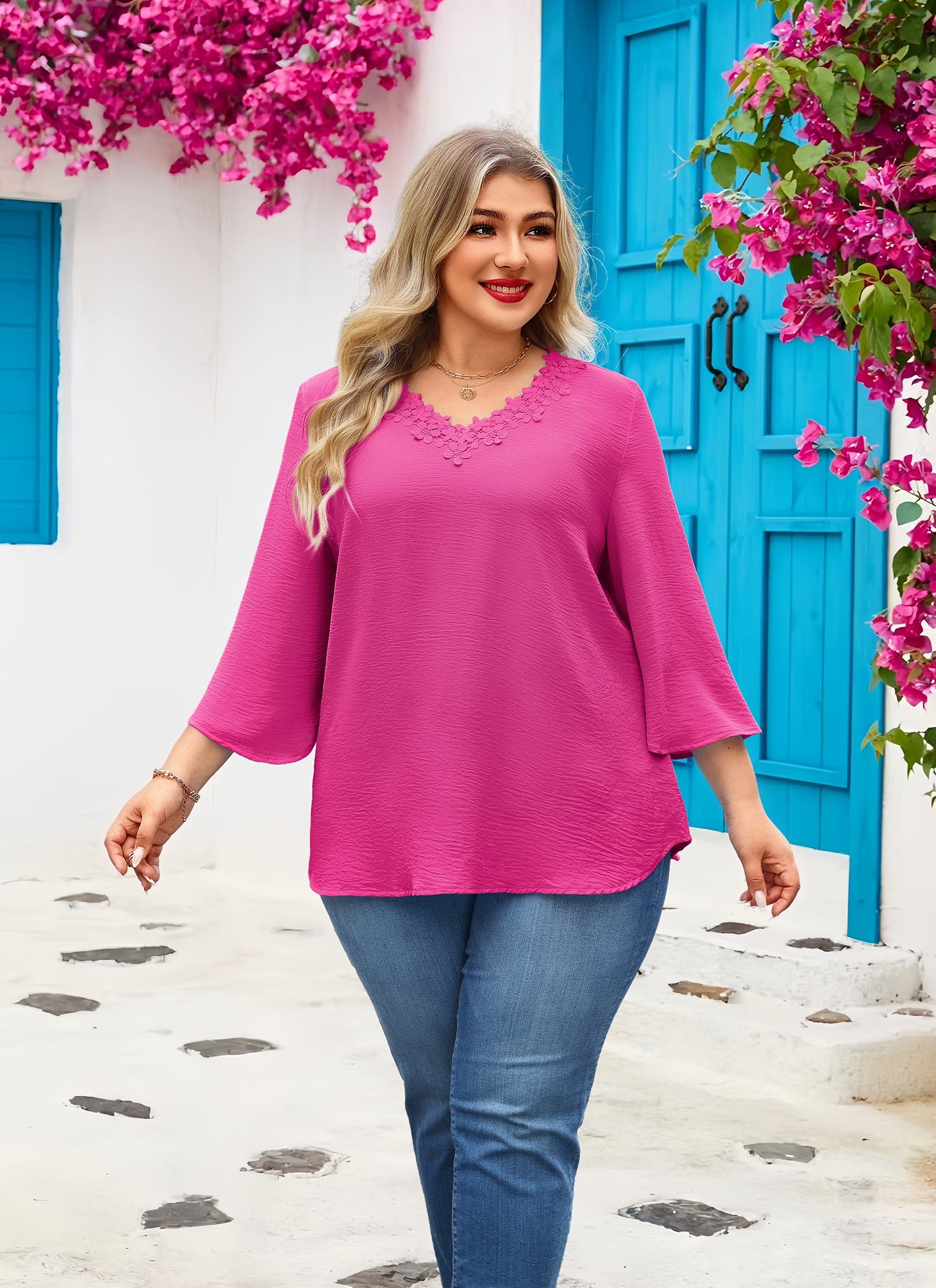 Womens Plus Size Blouses Dressy Casual 3/4 Sleeve Elegant V Neck Floral Trim Ladies Tunics Tops