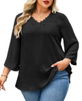 Womens Plus Size Blouses Dressy Casual 3/4 Sleeve Elegant V Neck Floral Trim Ladies Tunics Tops