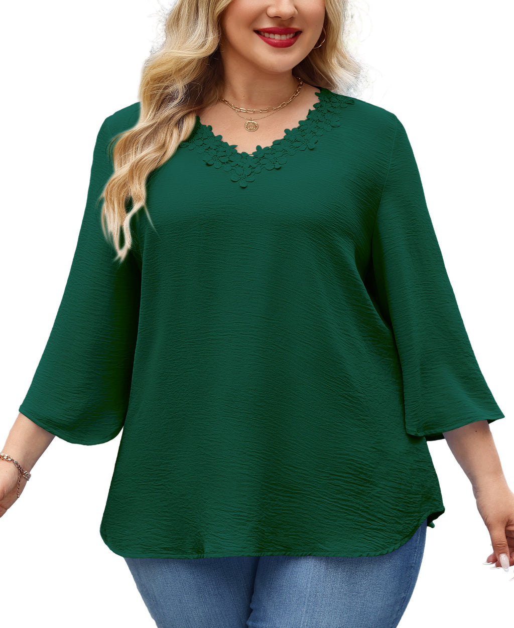 Womens Plus Size Blouses Dressy Casual 3/4 Sleeve Elegant V Neck Floral Trim Ladies Tunics Tops