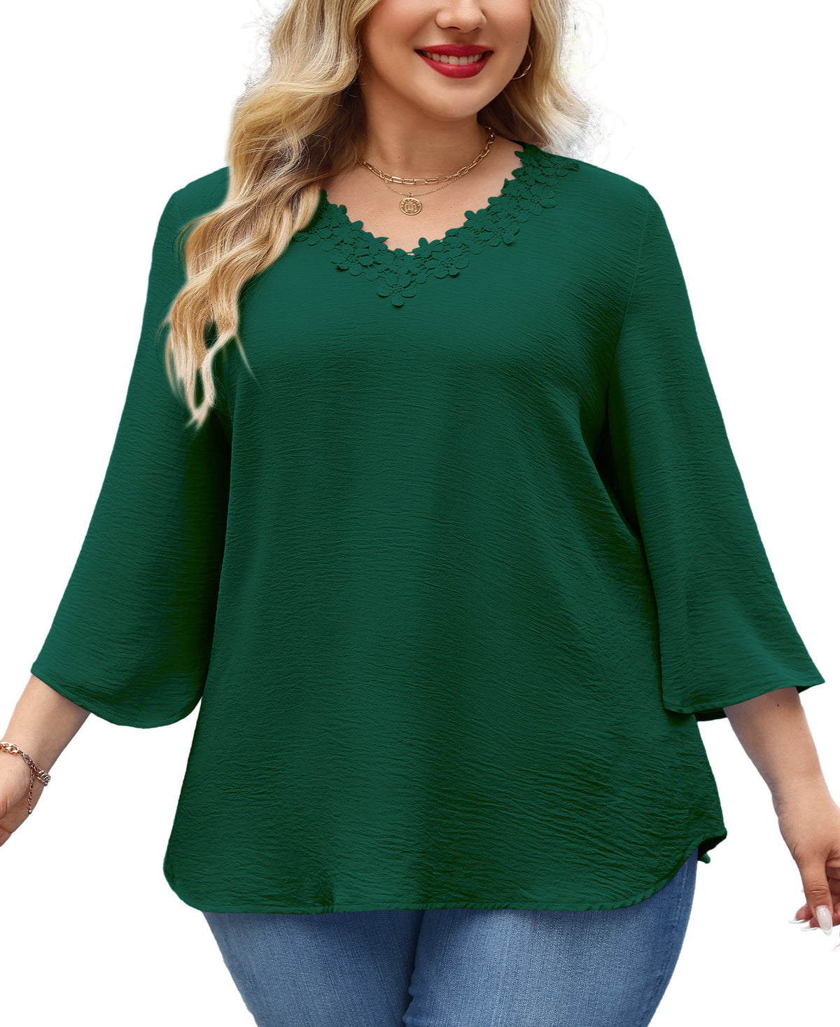 Womens Plus Size Blouses Dressy Casual 3/4 Sleeve Elegant V Neck Floral Trim Ladies Tunics Tops